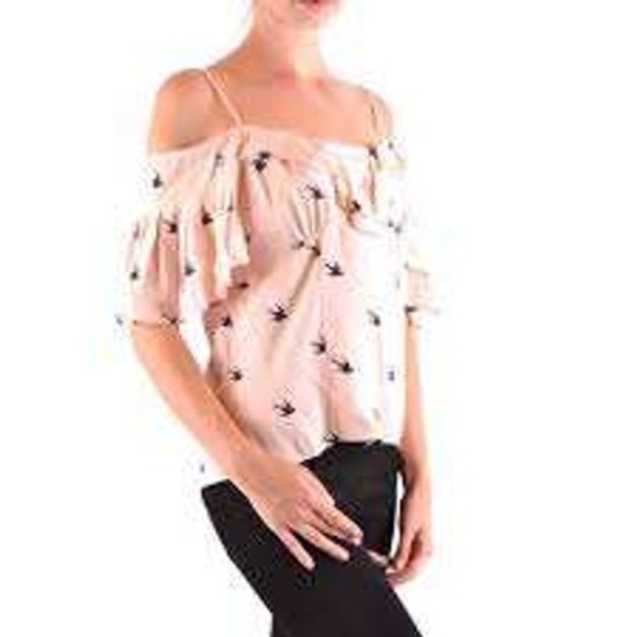McQ Alexander McQueen Tops - McQ Alexander McQueen Pink Swallow Bird Print Cold Shoulder Ruffle Top Size 44